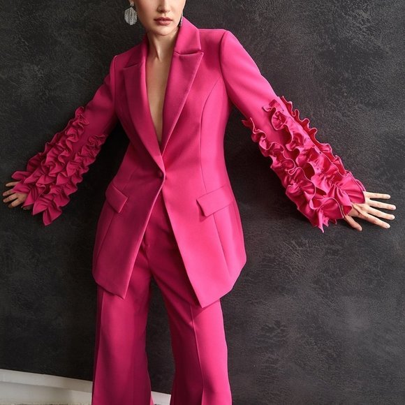 CLassy with a pinch of spice Structured ruffled sleeved blazer Barbie workwear - Picture 2 of 5